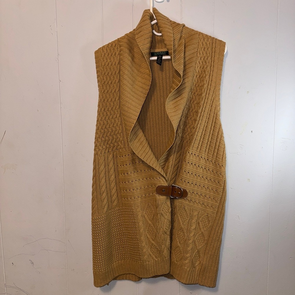 Lauren Ralph Lauren Women 1X Mustard Yellow Cable Knit Buckle Front Cardigan